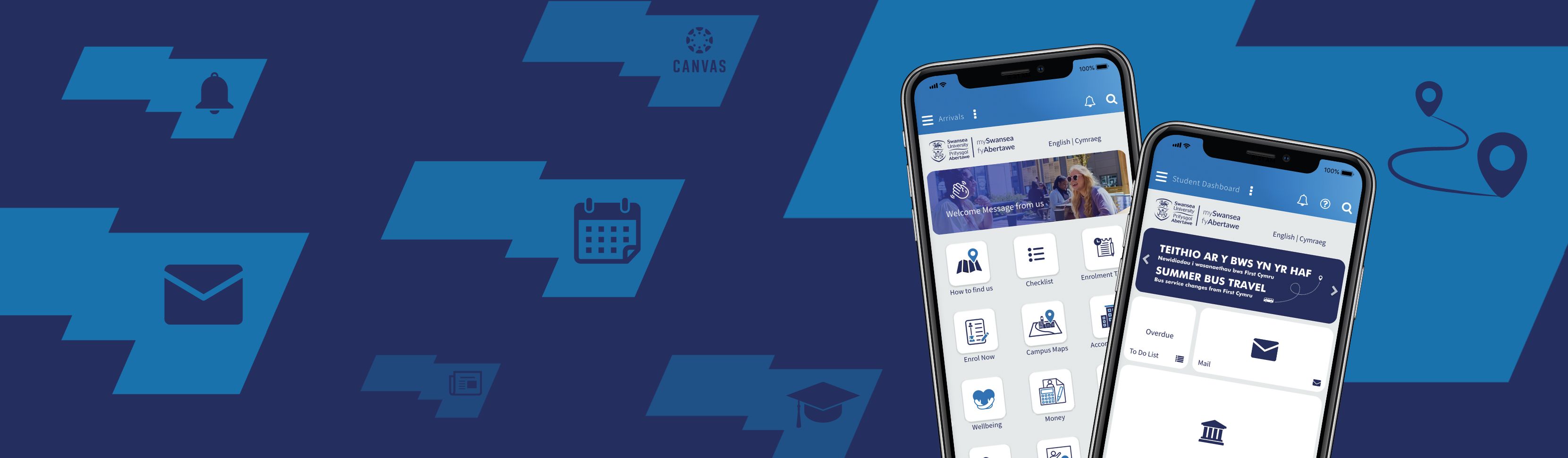 Graphic of MySwansea App on the home screen, laying on top of a navy blue background.