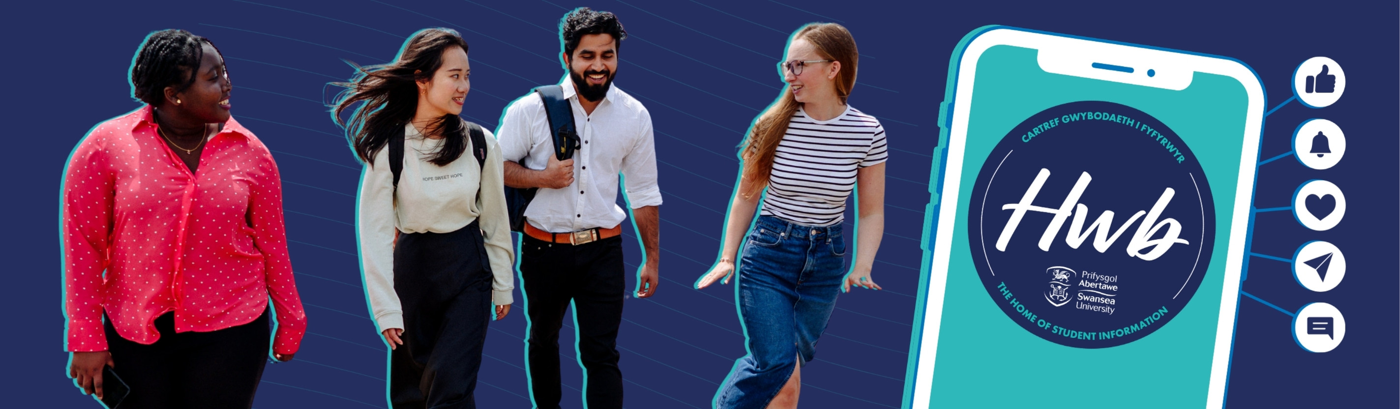 Myfyrwyr yn gwenu yn cerdded gyda'i gilydd wrth ymyl ffôn clyfar yn dangos logo Hwb ac eiconau gweithredu cyfryngau cymdeithasol