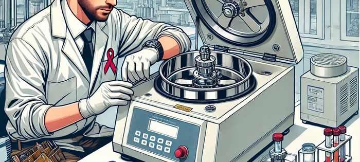 Dyn yn trwsio centrifuge