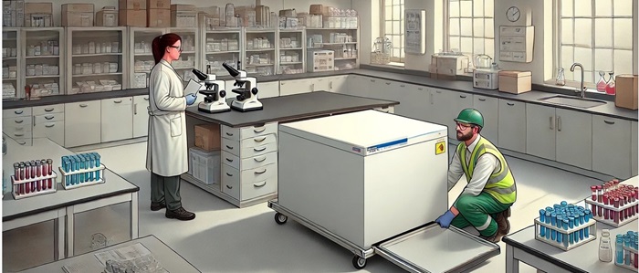 Menyw mewn cot labordy gwyn mewn labordy yn edrych trwy ficrosgop tra bod dyn mewn het galed werdd a siaced llachar yn symud oergell wen fawr.