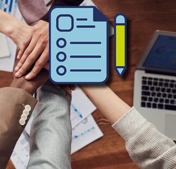 mae eicon sy'n darlunio ffurflen yn ymddangos o flaen golwg aderyn o rai dwylo