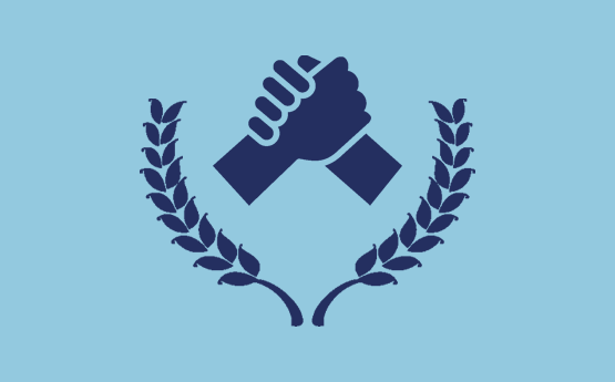 Eicon yn darlunio llaw yn gafael mewn llaw arall a llawryf