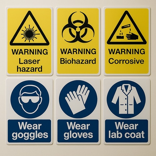 Image of six common hazard or warning signs found in the lab