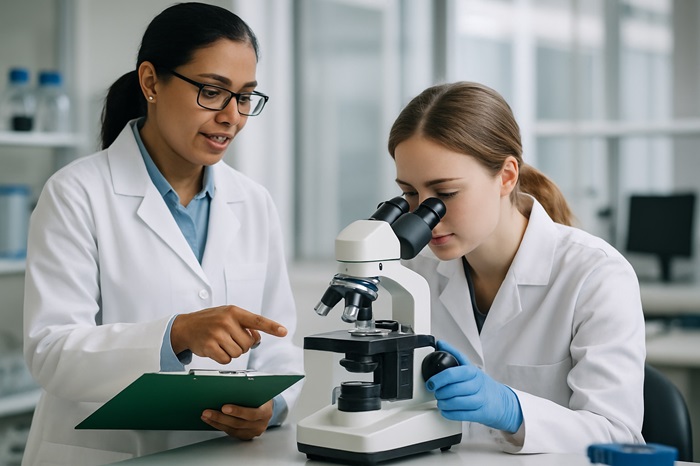 senior scientist training and supervising a student scientist using a microscope