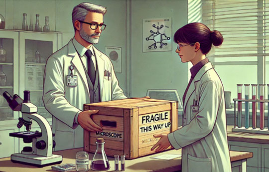 A man and woman in lab coats handling a box of equipment