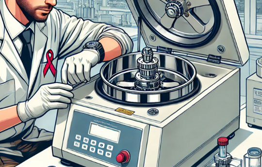 Person in white lab coat with white gloves fixing some lab equipment