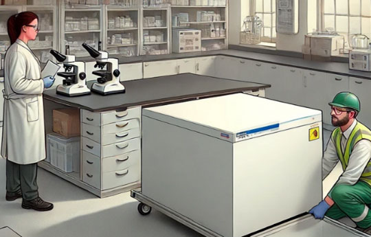 A woman in a white lab coat in a lab looking through a microscope whilst a man in a green hard hat and hi-vis jacket moves a large white refrigerator