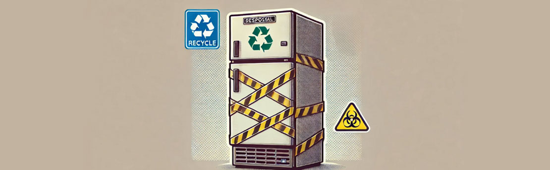 A fridge freezer wrapped in black and yellow warning tape