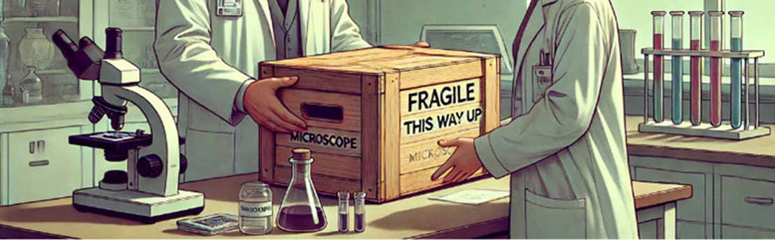 A man and woman in lab coats handling a box of equipment