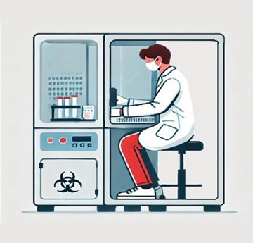 Person in white lab coating working in a safety cabinet
